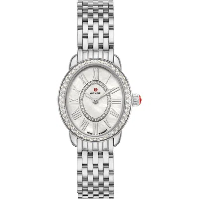 Michele Serein Oval Diamond & Mother-of-pearl Bracelet Watch, 24mm X 27mm In Silver