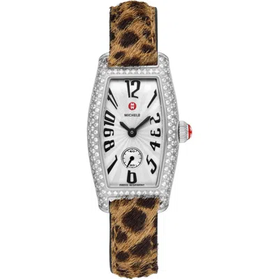 Michele Special Edition Diamond Coquette Genuine Calf Hair Strap Watch, 23mm X 34mm In Brown