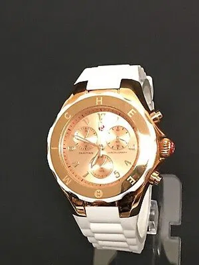 Pre-owned Michele Tahitian Jelly Bean Rose Gold,white Silicone Band Watch-mww12f000030 In White, Rose Gold