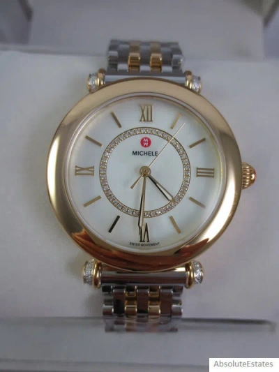 Pre-owned Michele Two Tone Gold Silver Diamond Caber Mid Watch Mww16e000009 +box