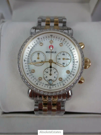 Pre-owned Michele Two Tone Gold Silver Diamond Csx 36 Mop Watch Mww03c000514