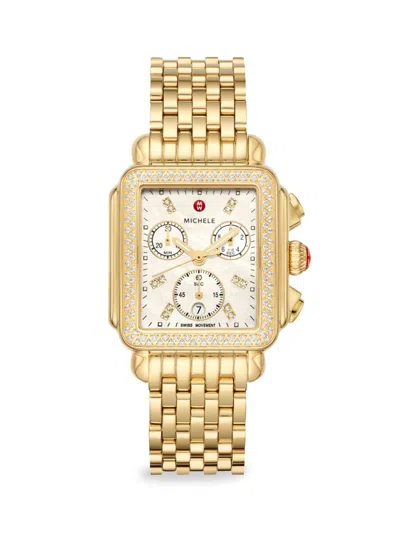 Michele Women's Deco 18k-gold-plated, Mother-of-pearl & 0.60 Tcw Diamond Chronograph Watch/33mm X 35mm