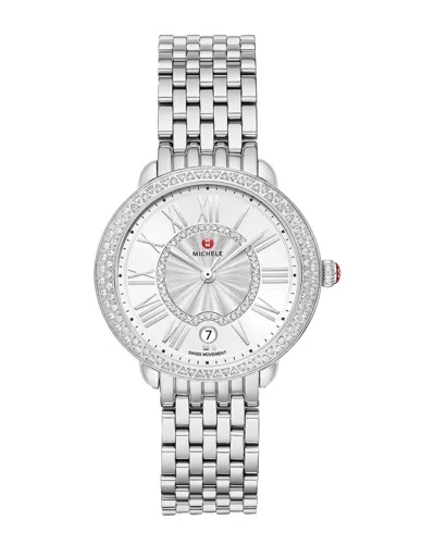 Michele Serein Mid Stainless Steel Diamond Watch, 36mm In White/silver