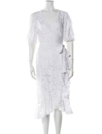 Pre-owned Michelle Farmer Floral Print Midi Length Dress In White