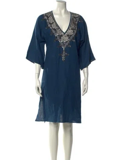Pre-owned Michelle Farmer Linen Knee-length Dress In Blue