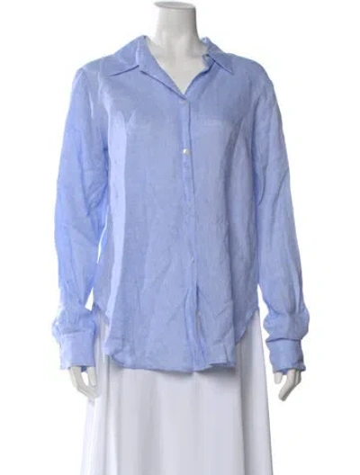 Pre-owned Michelle Farmer Linen Long Sleeve Button-up Top In Blue