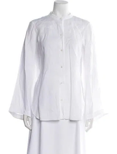 Pre-owned Michelle Farmer Linen Mock Neck Button-up Top In White