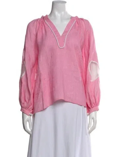 Pre-owned Michelle Farmer Linen V-neck Blouse W/ Tags In Pink