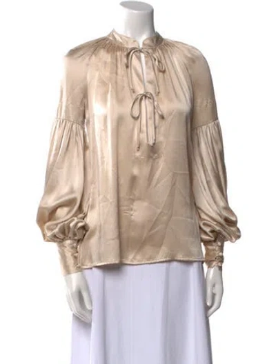 Pre-owned Michelle Farmer Silk Mock Neck Blouse In Neutral