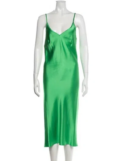 Pre-owned Michelle Farmer V-neck Midi Length Dress In Green