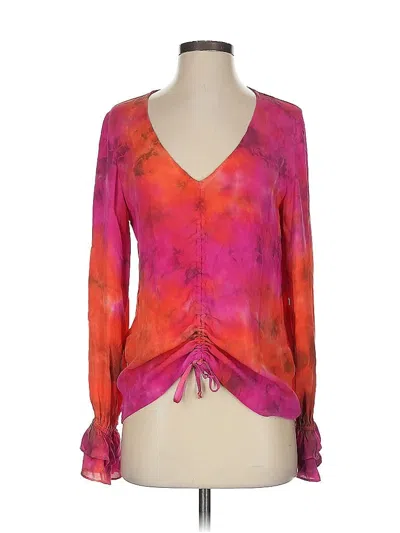 Pre-owned Michelle Jonas Long Sleeve Silk Top Pink Tie-dye Pattern Plunge Neckline Tops