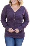 Michelle Mae Brittney Button Sweater In Eggplant In Blue