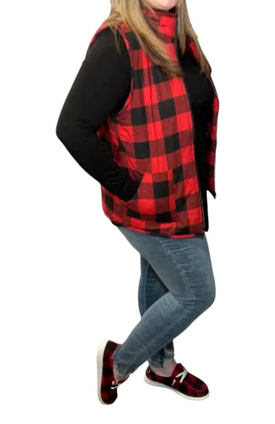 Michelle Mae Buffalo Plaid Full Zip Vest In Red/black In Gold