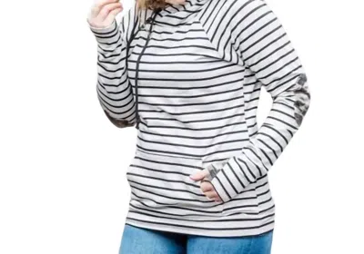 Michelle Mae Camo Accents Hoodie In Oatmeal Stripes In White
