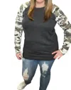 Michelle Mae Camo Sleeve Pullover In Grey In Grey