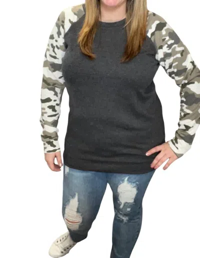 Michelle Mae Camo Sleeve Pullover In Grey In Black