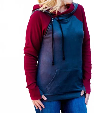 Michelle Mae Colorblock Double Hoodie In Burgundy & Charcoal Gray In Multi