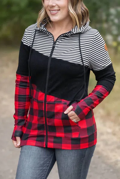 Michelle Mae Colorblock Fullzip Hoodie In Plaid And Stripes In Multi