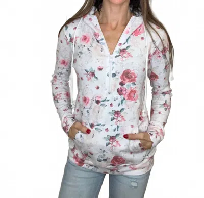 Michelle Mae Half Zip Hoodie In Pink Bloom In White