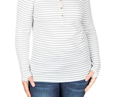 Michelle Mae Harper Long Sleeve Henley Top In White/grey Stripes In Beige