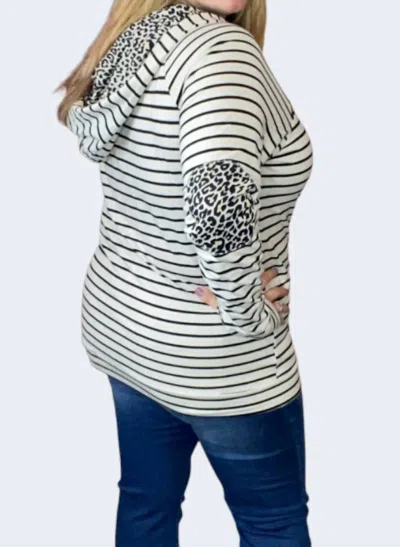 Michelle Mae Leopard Accent Hoodie In Oatmeal Stripes In Multi