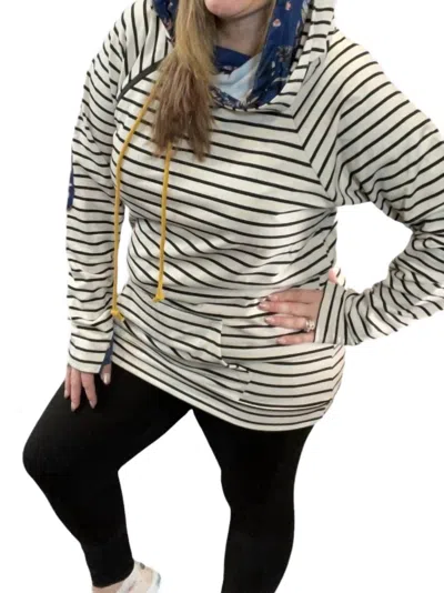 Michelle Mae Navy Floral Accents Double Hoodie In Oatmeal Stripes In White