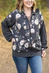 Michelle Mae Ramona Ribbed Floral Zip Up Hooded Bomber Jacket In Black In Black