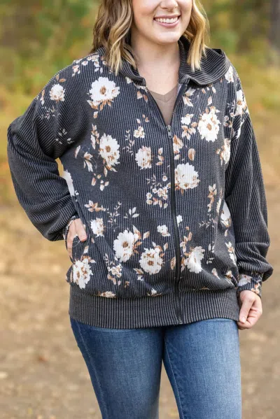 Michelle Mae Ramona Ribbed Floral Zip Up Hooded Bomber Jacket In Black