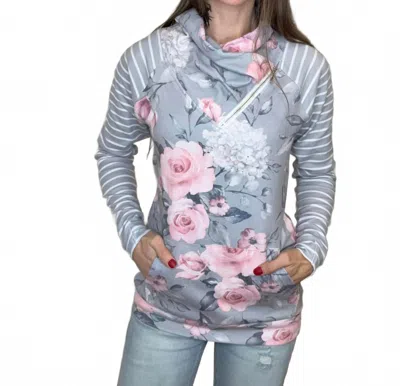 Michelle Mae Zoey Zip Cowl Neck Jacket In Gray Floral And Stripe In Multi