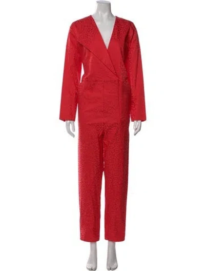 Pre-owned Michelle Mason Animal Print V-neck Jumpsuit W/ Tags In Red