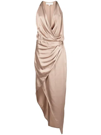 Michelle Mason Asymmetric Halterneck Silk Dress In Brown