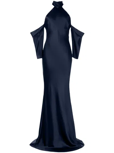 Michelle Mason Halterneck Drop-sleeve Maxi Dress In 蓝色