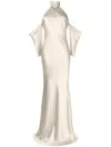 Michelle Mason Halterneck Drop-sleeve Maxi Dress In Neutrals