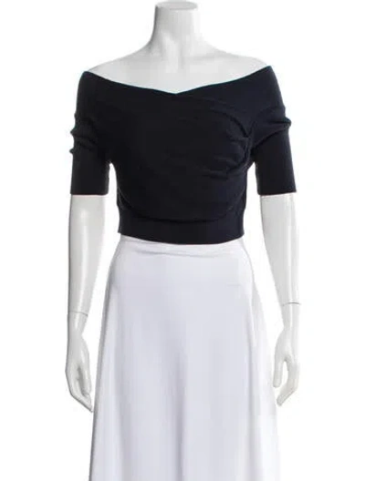 Pre-owned Michelle Mason Off-the-shoulder Three-quarter Sleeve Crop Top In Blue