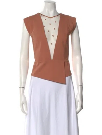 Pre-owned Michelle Mason Polka Dot Print Plunge Neckline Top In Brown