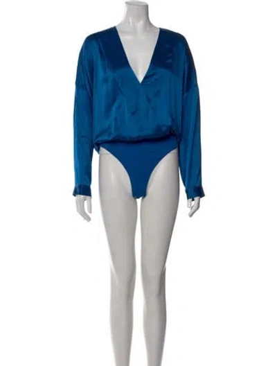 Pre-owned Michelle Mason Silk V-neck Bodysuit W/ Tags In Blue