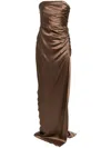 Michelle Mason Strapless Gathered Silk Gown In Brown
