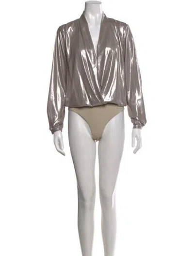 Pre-owned Michelle Mason V-neck Long Sleeve Bodysuit In Silver