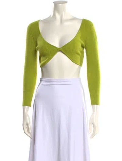 Pre-owned Michelle Mason V-neck Three-quarter Sleeve Crop Top In Green