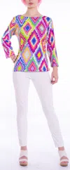 Michelle Parisou Candice 3/4 Sleeves Top In Crayon Diamonds In Multi