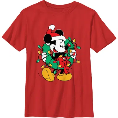 Mickey & Friends Kids' Boy's  Christmas Wreath Mickey  Graphic T-shirt In Red