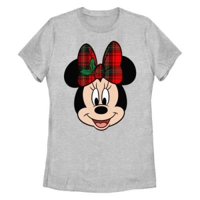 Mickey & Friends Christmas Minnie Mouse Holly Plaid Bow  Graphic T-shirt In Gray
