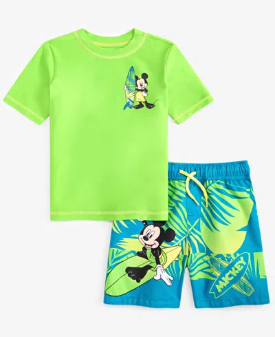 Mickey Mouse Babies' Toddler Boys Rash Guard & Swim Trunks Swimsuit, 2 Piece Set In Green