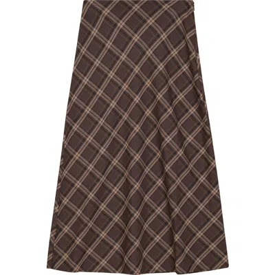 Midi Plaid Wool Invisible Zipper Skirt In Brown