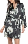 Midnight Bakery Floral Belted Satin Wrap In Black