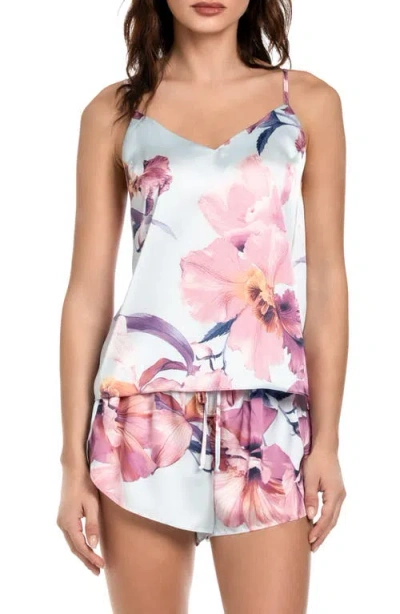 Midnight Bakery Haven Print Satin Camisole & Tap Pants Pajamas In Blue