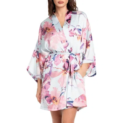 Midnight Bakery Haven Print Satin Short Robe In Blue Floral