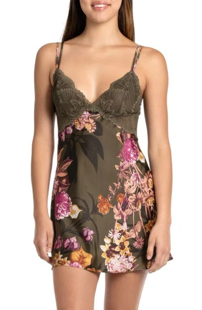 Midnight Bakery Lace Trim Floral Print Satin Chemise In Prettyinfall/green