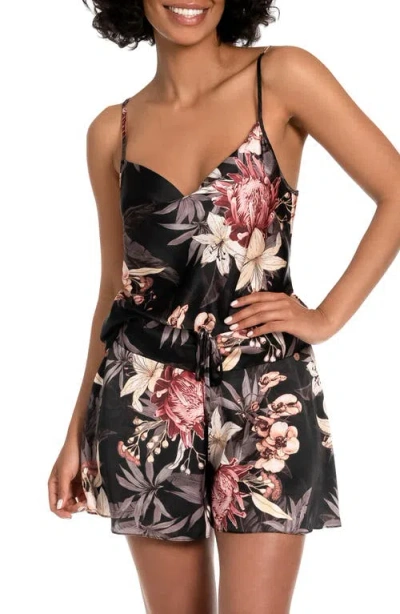 Midnight Bakery Print Lace Trim Satin Short Pajamas In Midnight Tropics/black
