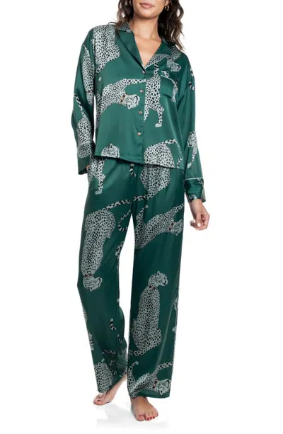 Midnight Bakery Satin Notch Lapel Pajamas In Green
